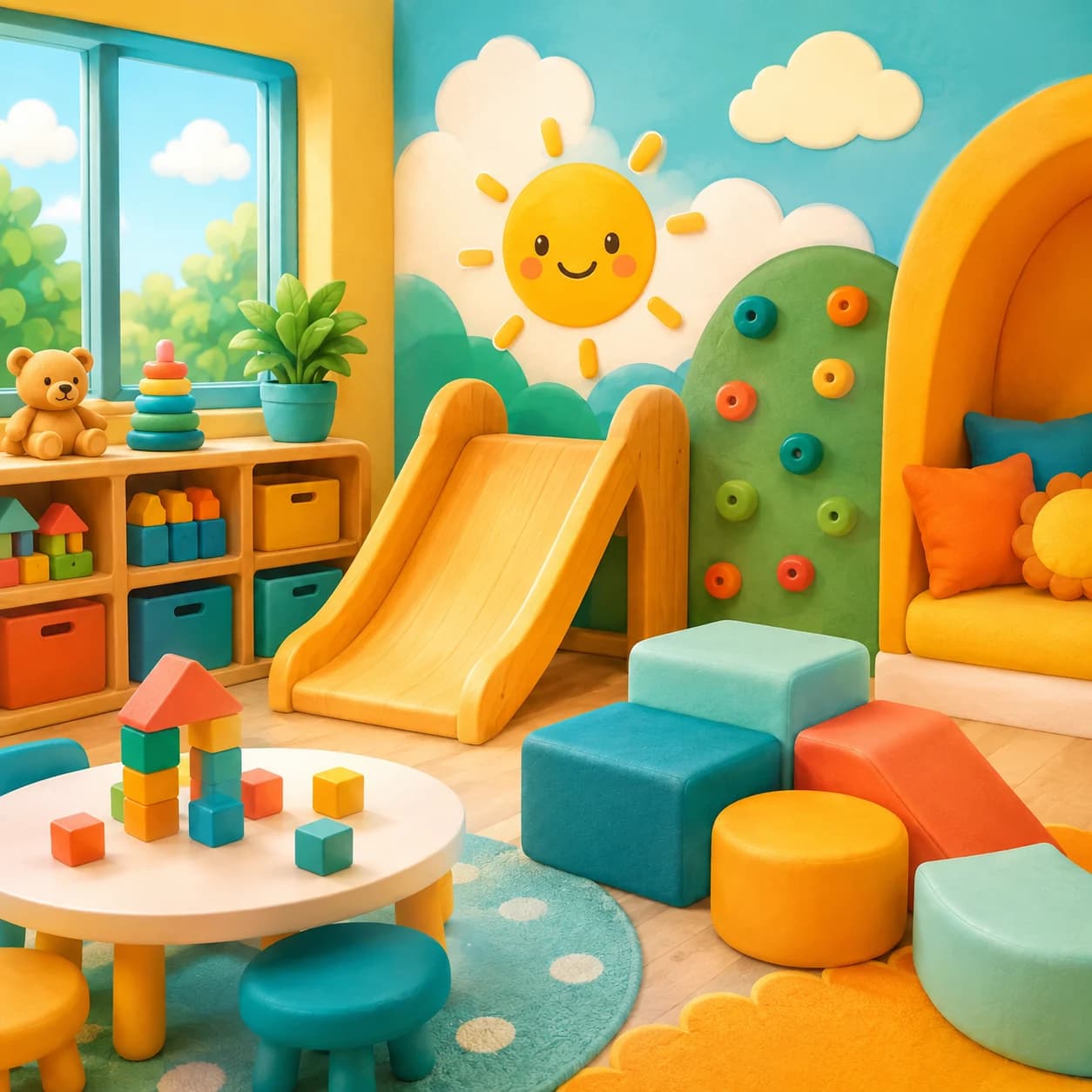Ilustração cartoon de uma brinquedoteca colorida, com sol sorridente, escorregador, blocos de montar e cantinho de leitura